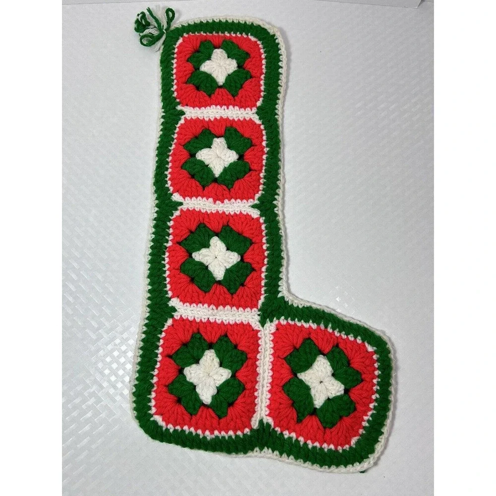 Granny Square Crochet‎ Christmas Stocking Red Green 18” Vtg Hand Made Crafted